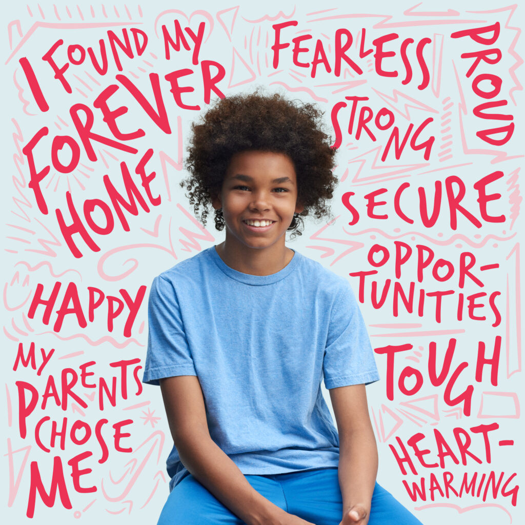 Portrait of a boy who has been adopted, surrounded by words on what adoption means to him