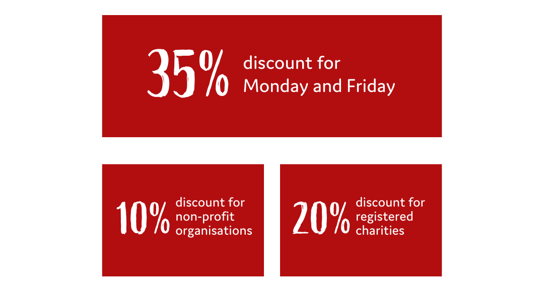 Meeting room discounts in red boxes: 35% discount for Monday and Friday, 10% discount for non-profit organisations and 20% discount for registered charities