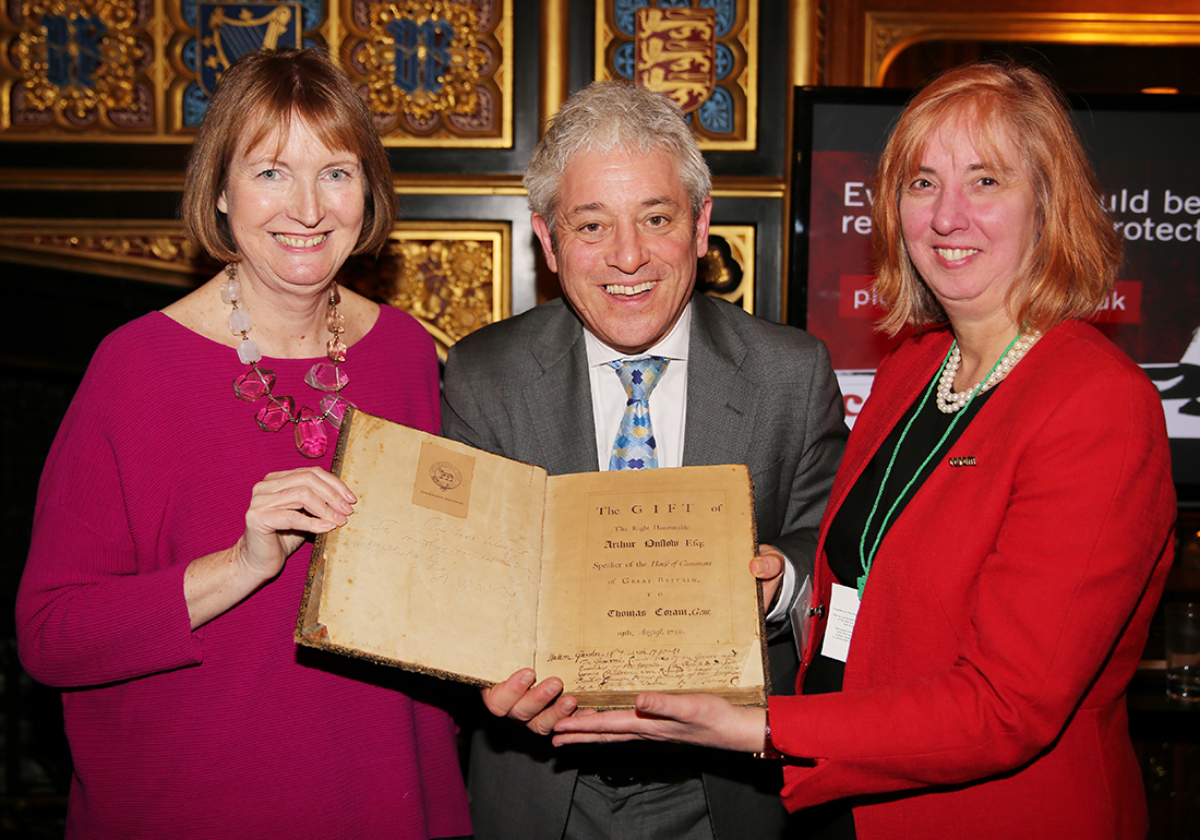 Rt Hon Harriet Harman MP, Rt Hon John Bercow MP and Dr Carol Homden CBE with Arthur Onslow prayer book