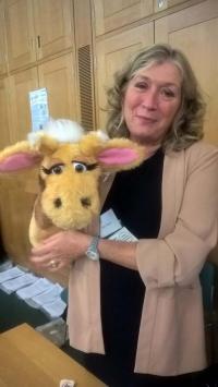Harold the Giraffe with Mary Moore of Hillingdon at Westminster